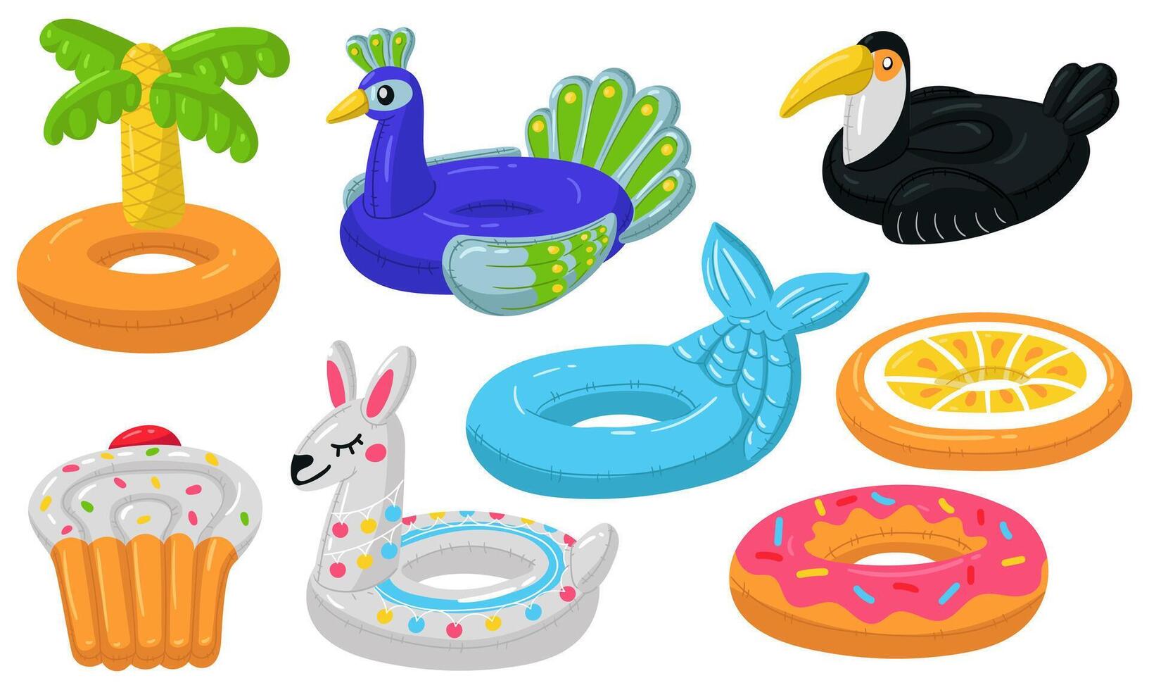Set of swimming circles in the form of donut, Lama, mermaid, cupcake, orange, Toucan, peacock, Palma. The floating animals are suitable for a summer themed pool party. Isolated illustration Collection vector