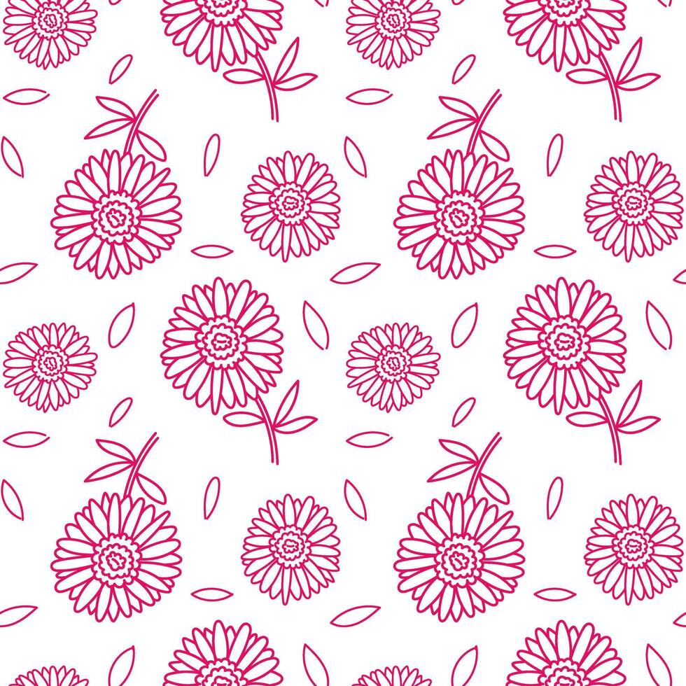 pattern from a doodle illustration in the form of a pink daisy with leaves. Seamless hand-drawn drawing with a wide line. shades of pink on white. Romantic silhouette for a holiday on wedding cards vector
