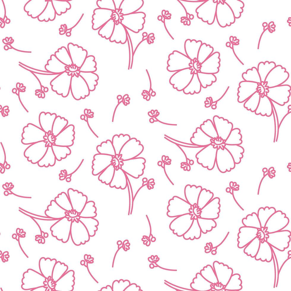 pattern from a doodle illustration in the form of a pink cosmos with leaves. Seamless hand-drawn drawing with a wide line. shades of pink on white. Romantic silhouette for a holiday on wedding cards vector