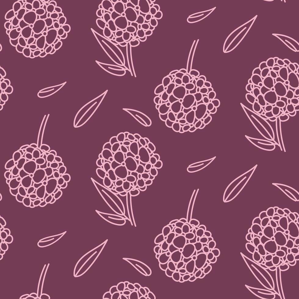 A doodle illustration pattern in the form of a pink hydrangea with leaves. Seamless freehand drawing with a wide line. shades of pink on purple. Romantic silhouette for a holiday on wedding cards vector