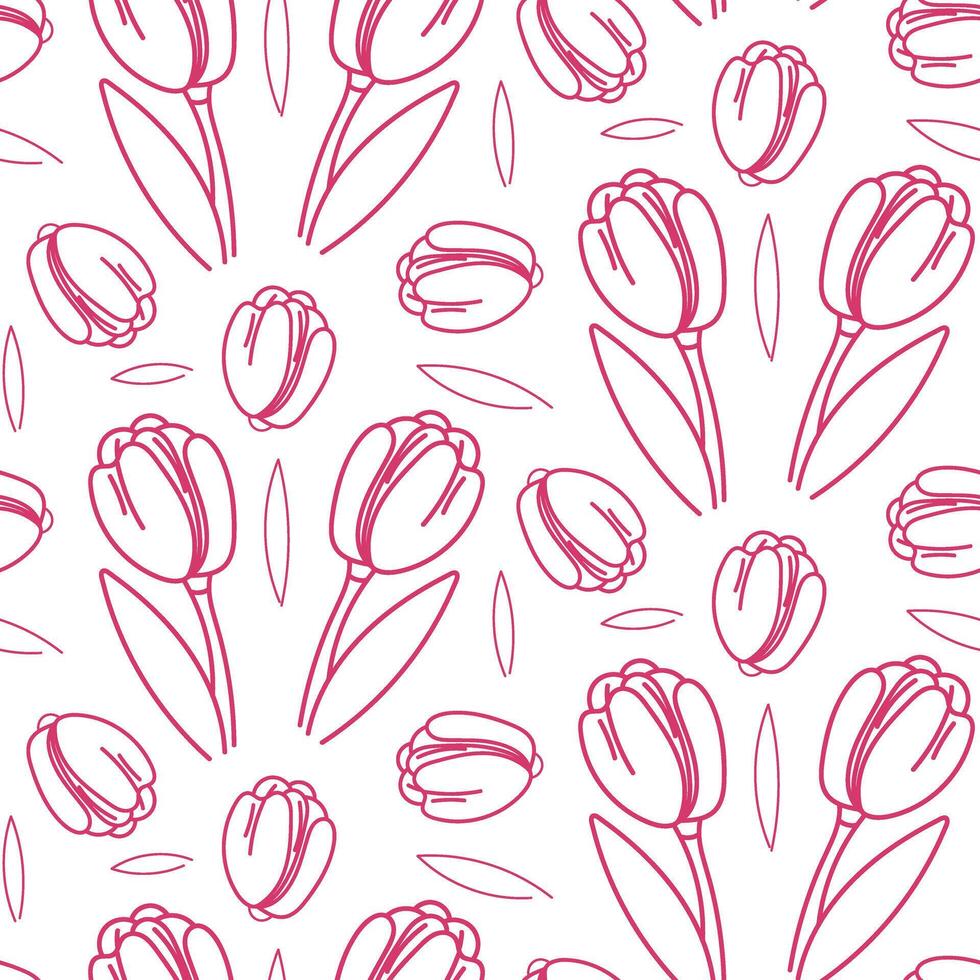 A doodle illustration pattern in the form of a pink tulip with leaves. Seamless freehand drawing with a wide line. shades of pink on white. Romantic silhouette for a holiday on wedding cards vector