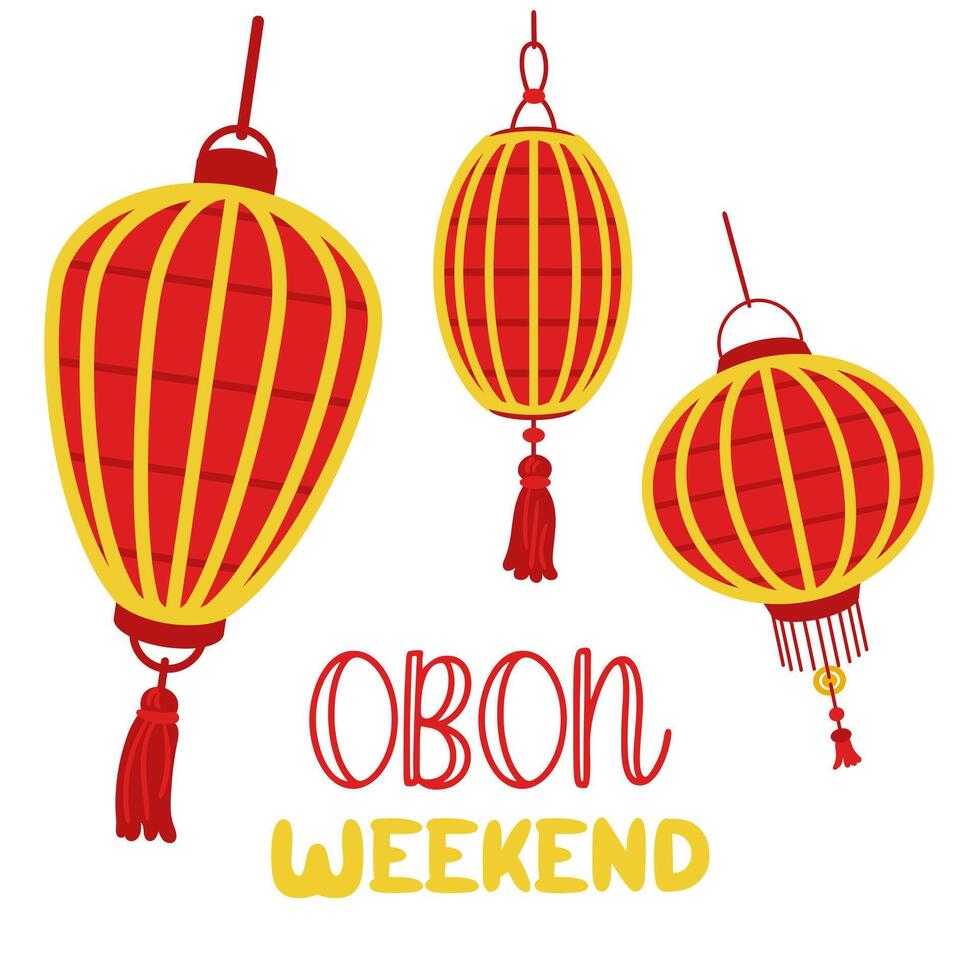Weekend OBON. Japanese lantern festival Obon on white. A traditional summer festival. Day of the Dead in Japan from August 13-15. Lanterns red yellow with the inscription day. Relatives weekend vector