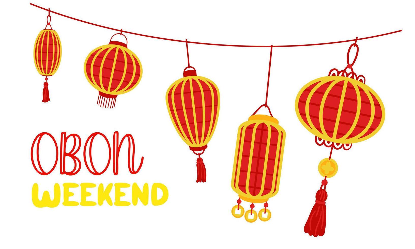 Weekend OBON. Japanese lantern festival Obon on white. A traditional summer festival. Day of the Dead in Japan from August 13-15. Lanterns they hang a lot in a row variety with the inscription day vector