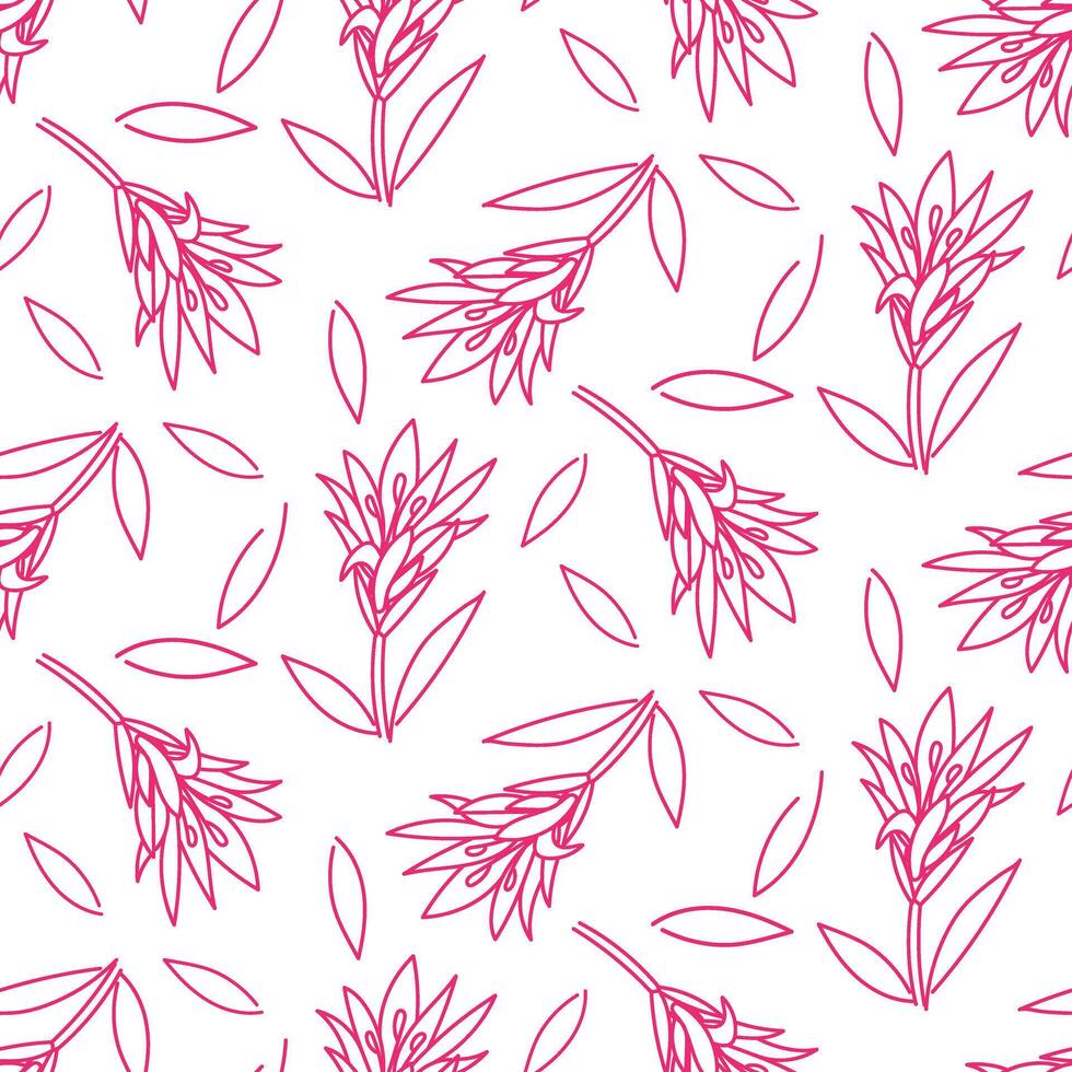 pattern from a doodle illustration in the form of a pink nerine with leaves. Seamless hand-drawn drawing with a wide line. shades of pink on white. Romantic silhouette for a holiday on wedding cards vector