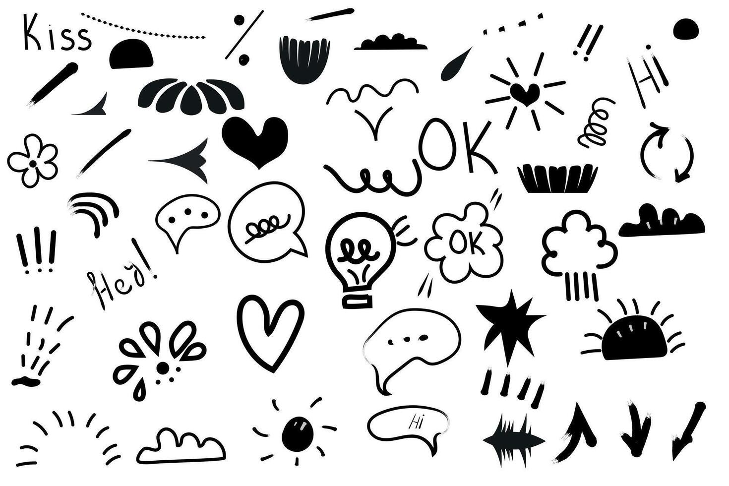 Hand drawn cute cartoon pencil sketches decorative icons. Set of simple hand drawn elements. Sketch of fashion icons, accents, speech bubbles, arrows and shapes. vector