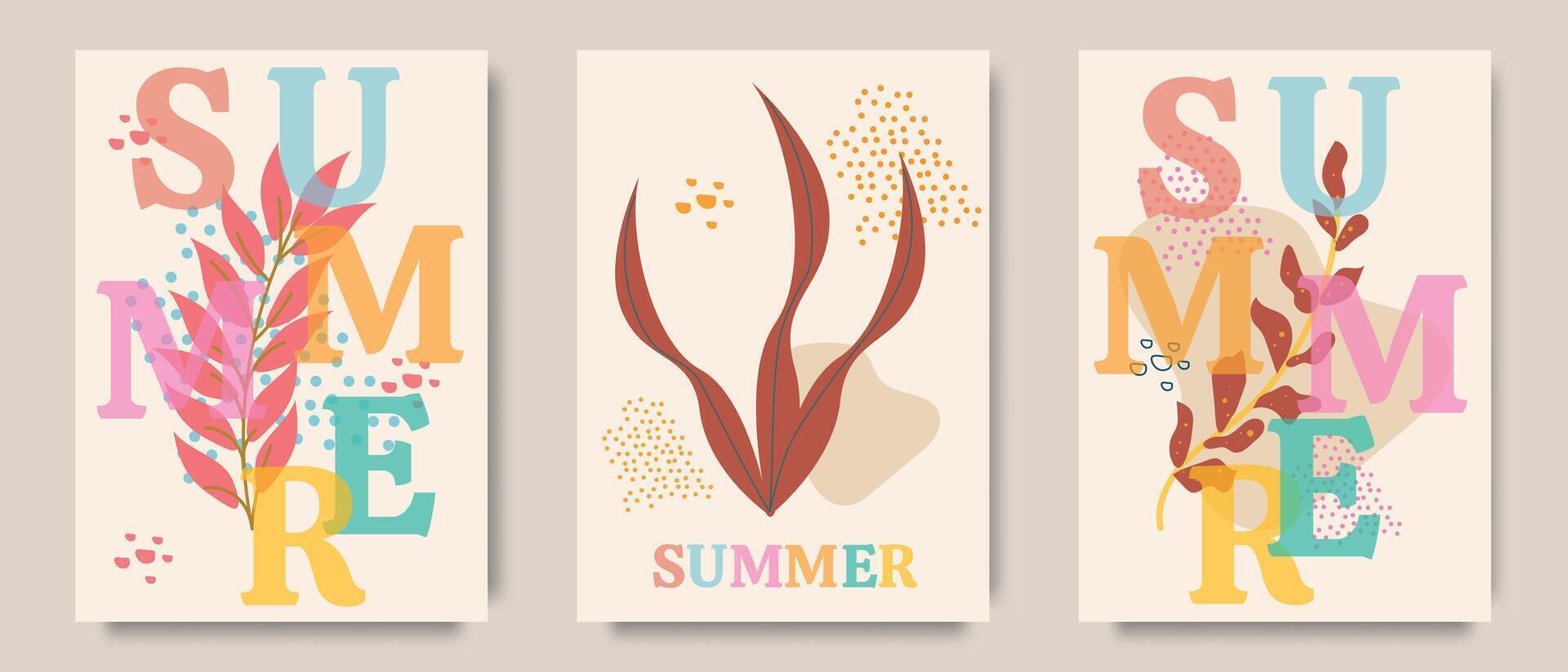 Creative concept for summer botanical poster set. Modern vibrant abstract design with typography, geometric abstract shapes with overlay effect. Template for branding, advertising, banner, cover, card vector