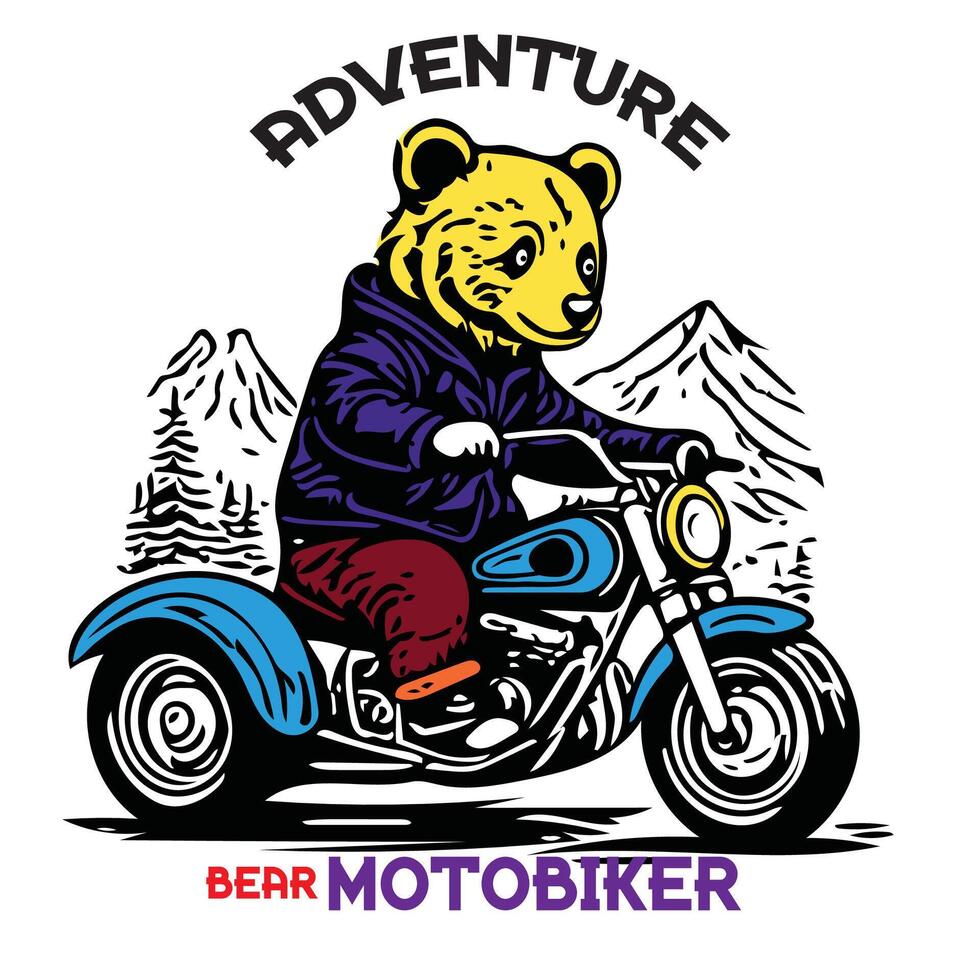 cheerful teddy bear riding a motorbike on a mountain forest road vector