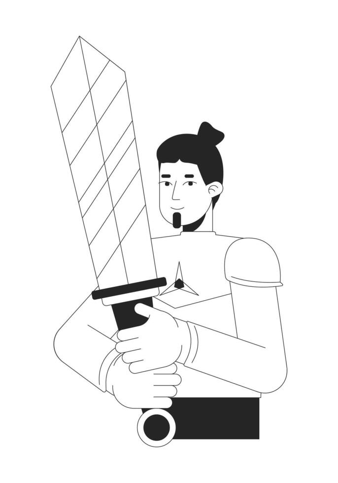 Caucasian man holding sword black and white 2D line cartoon character. European male cosplaying game hero isolated outline person. Interesting hobby monochromatic flat spot illustration vector