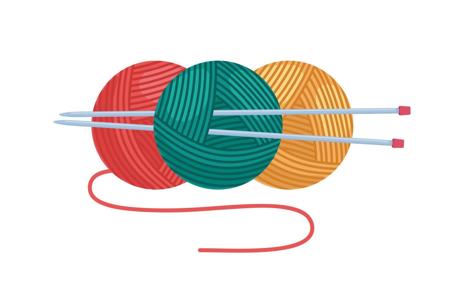 Balls of yarn with knitting needles. Clews, skeins of wool. Tools for knitwork, handicraft, crocheting, hand-knitting. Female hobby. . vector