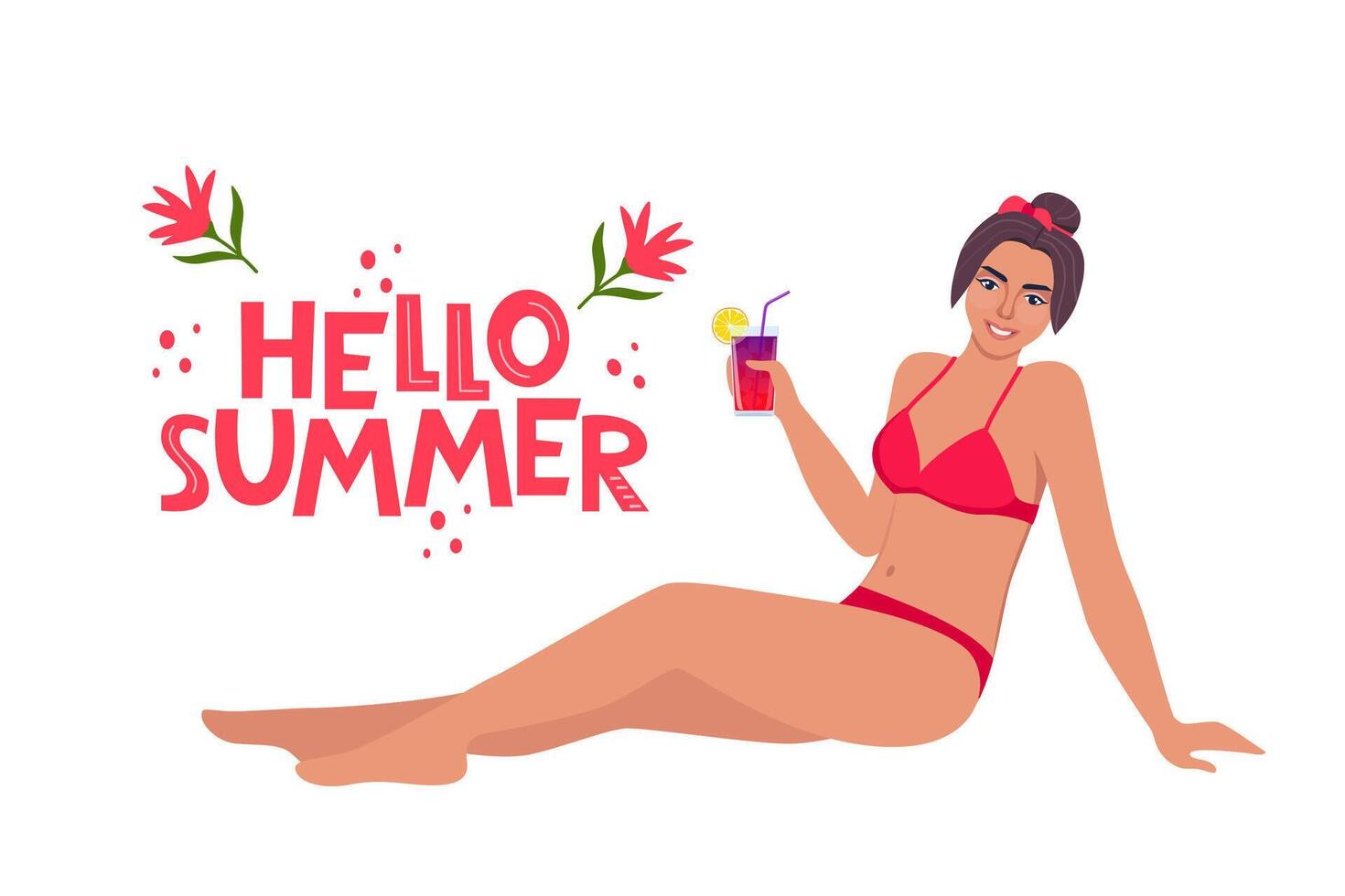 Woman dressed in swimsuit sunbathing on the beach with cocktail in her hand and smiling. Hello Summer lettering. illustration. vector