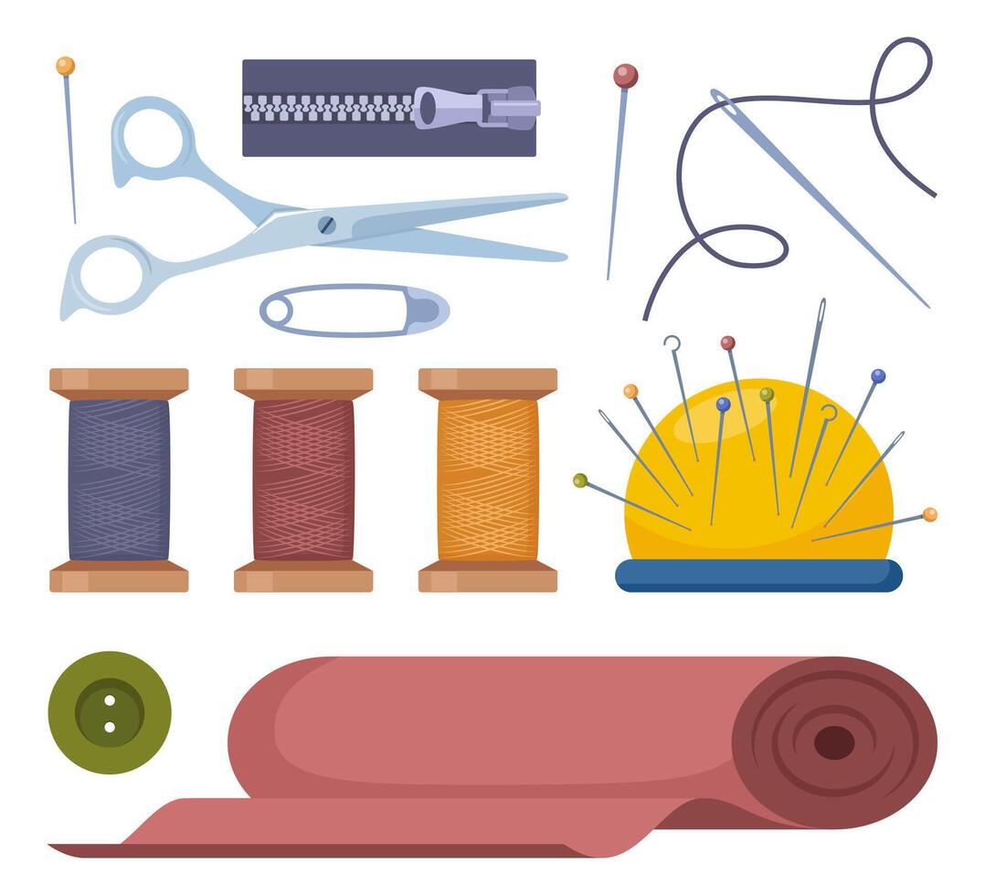 Tailors accessories, supplies to sew cloth. Dressmaking collection with thread rolls, button, needles, zipper, scissors. Tailoring studio. vector