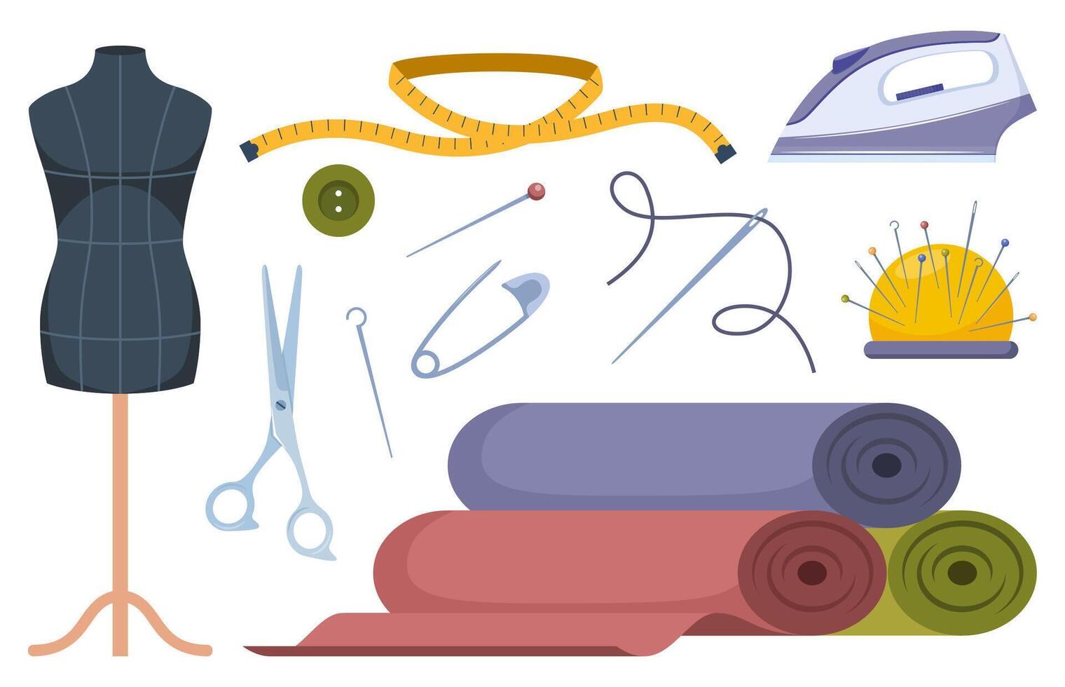 Tailors accessories, supplies and equipment to sew cloth. Dressmaking collection with thread rolls, button, needles, mannequin, scissors, iron. Tailoring studio. vector