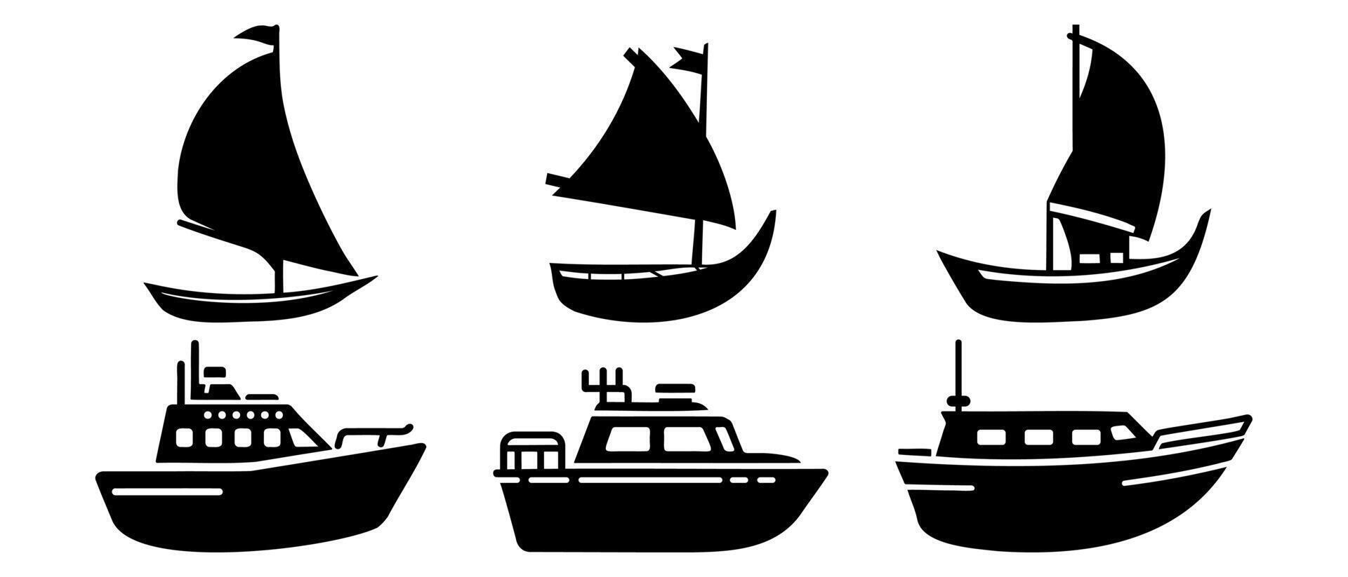 Transport vehicle wood boat and speed boat side view silhouette black filled Illustration icon vector