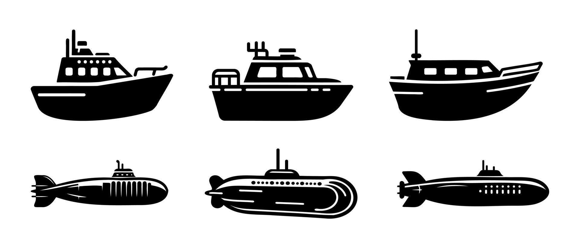Transport vehicle ships and submarines side view silhouette black filled Illustration icon vector