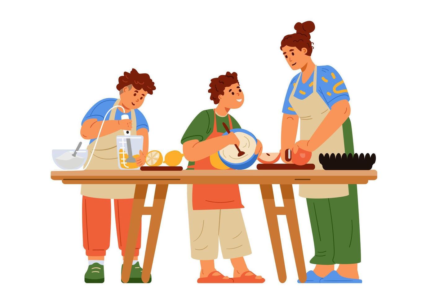Mother with two sons in aprons cooking on kitchen table flat illustration isolated on white. Children and woman preparing food together. vector