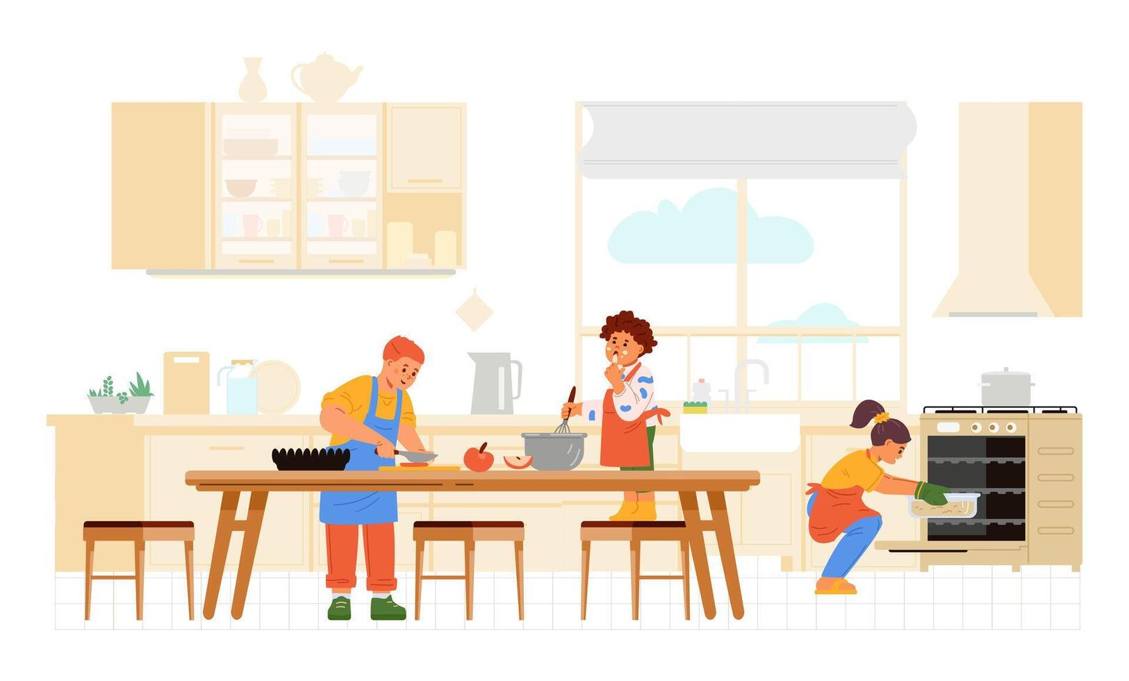 Children of different age cooking together in the kitchen flat illustration. Kids in aprons making dinner. vector