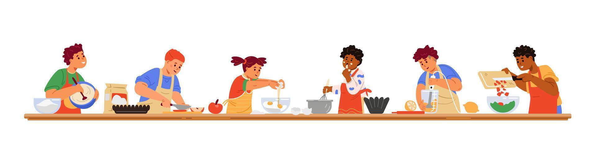 Different kids cooking together on one big table flat illustration isolated on white. Children cooking together. vector