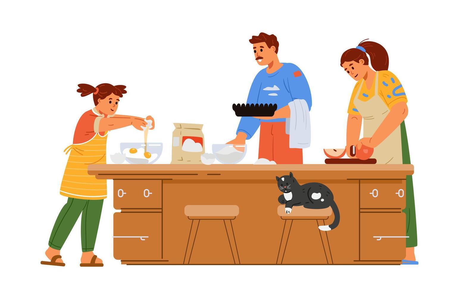 Parents with daughter cooking together on kitchen table falt illustration isolated on white. vector