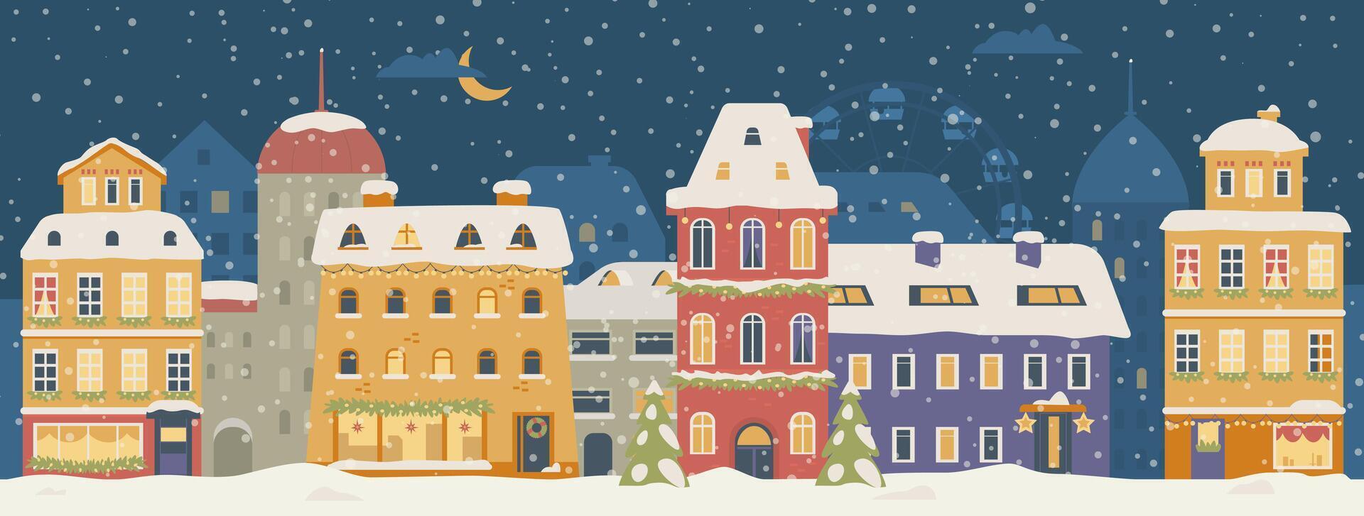 Christmas night city street with cute houses flat illustration. Winter cityscape with snowy houses with Christmas decorations. vector