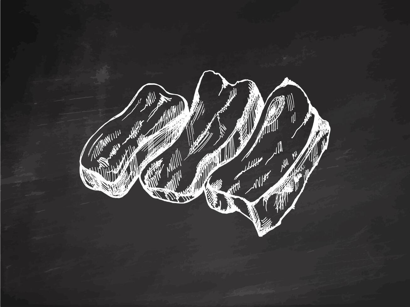 Hand-drawn monochrome sketch of barbecue ribs. Doodle vintage illustration. Decorations for the menu of cafes and labels. Engraved image on chalkboard background. vector