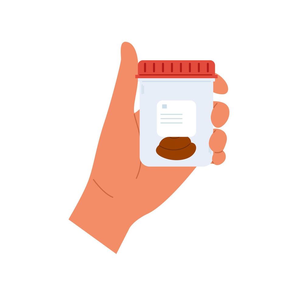 Urine analysis. Hand holds container with stool sample. Plastic containers with biomaterial vector