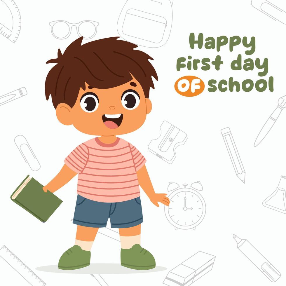 Cute smiling pupil boy holding book. Preschool kid go to school. Back to school vector