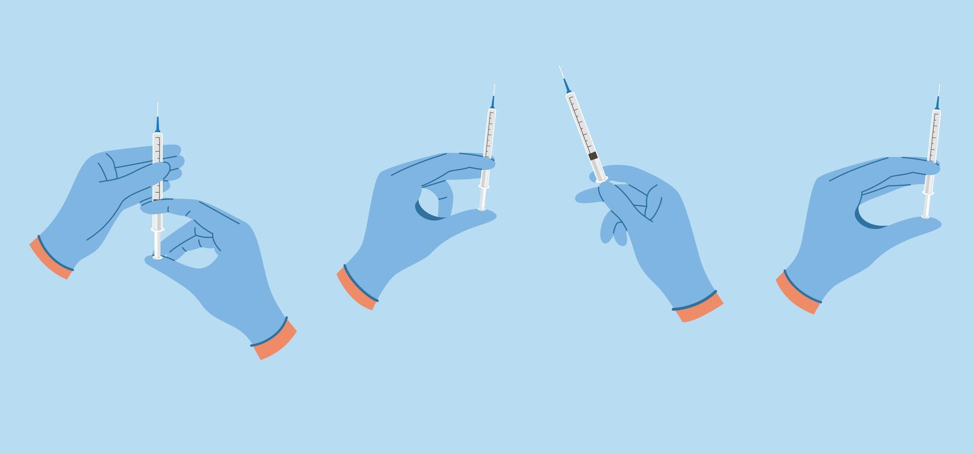 Set with doctor hands with syringe. Vaccination and immunization concept vector