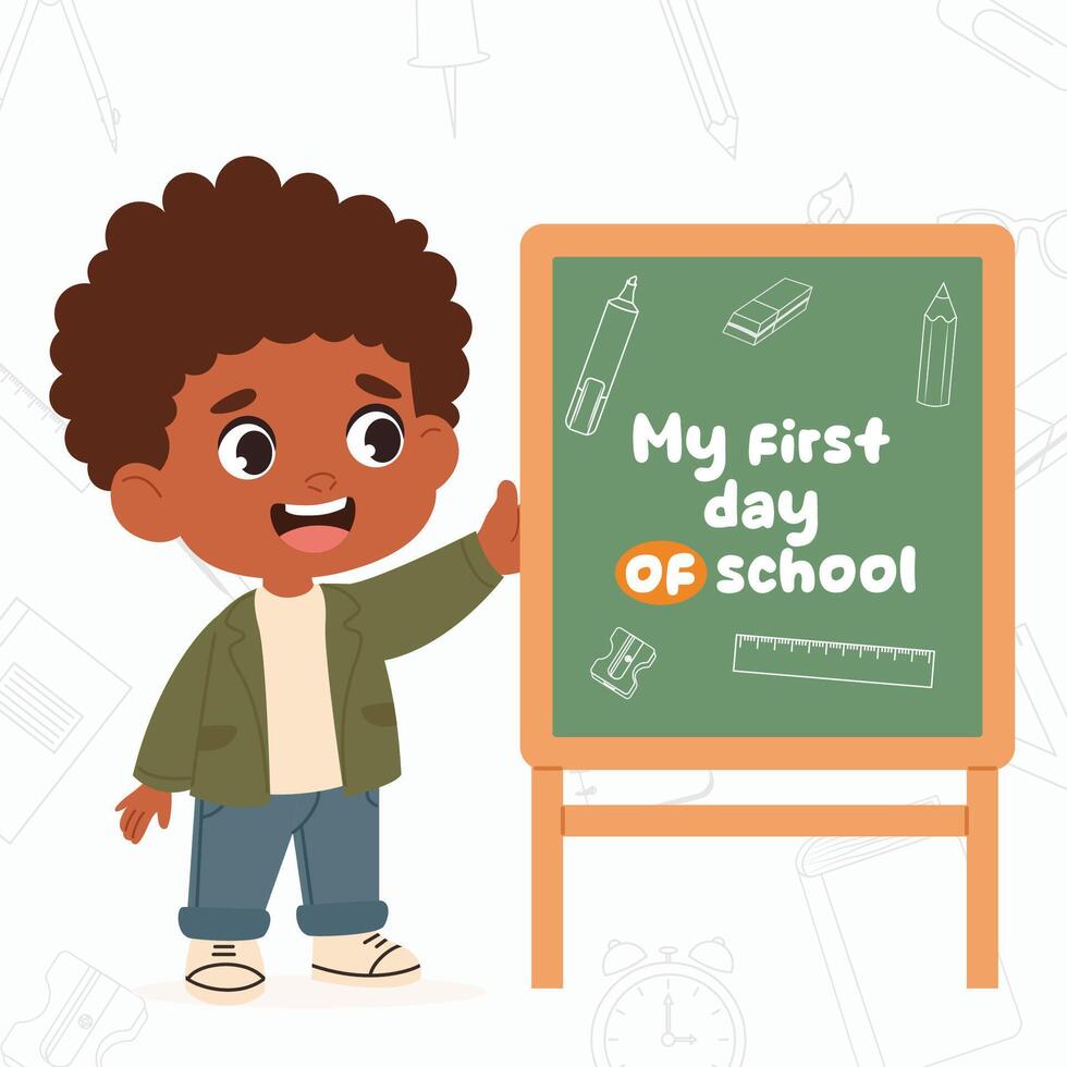 Happy cute kid boy standing near chalkboard with back to school text. Preschool pupil vector
