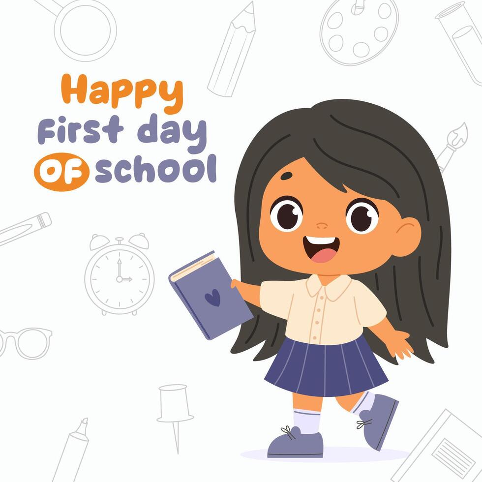 Cute smiling pupil girl. Preschool kid at school. First day of school banner. Back to school vector