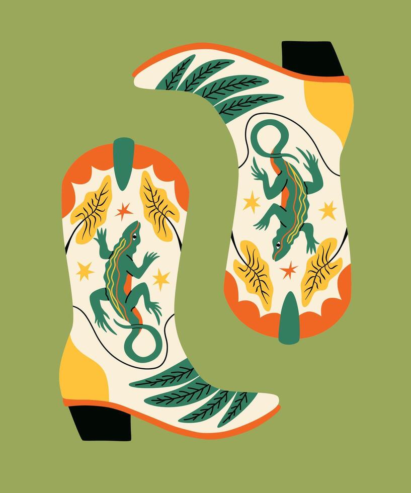 Retro cowgirl boot with Basiliscus and monstera. Groovy cowboy western and wild west theme. Hand drawn design for t shirt, sticker, poster. vector
