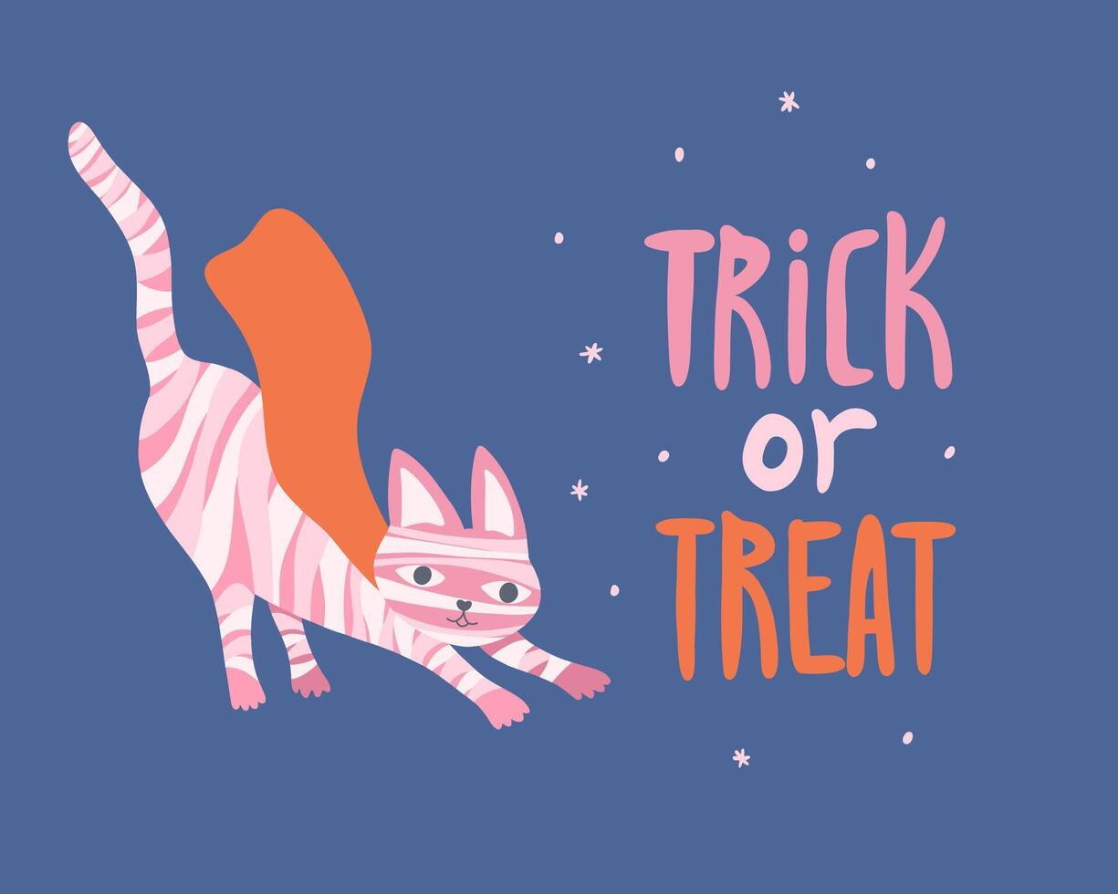 Halloween card with cute cat dressed as a mummy. Cute character. Design for greeting card, invitation, background. Trick or treat halloween lettering. vector