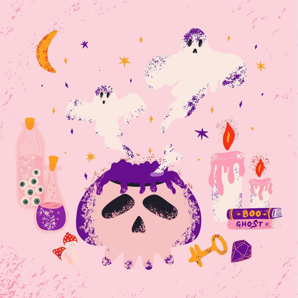 Happy Halloween poster. Cute illustration of object, scull, ghost, candle, eyes in vessels, potions for postcard creation. Cute Halloween design elements. vector