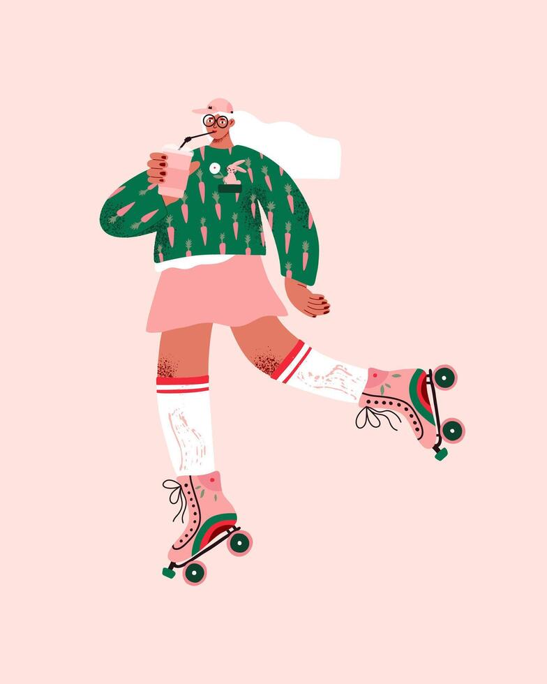 Girl on retro roller skates with coffee in hand. Pattern with carrots on clothes. Cute hand drawn illustration with skater women character with girl power concept. vector