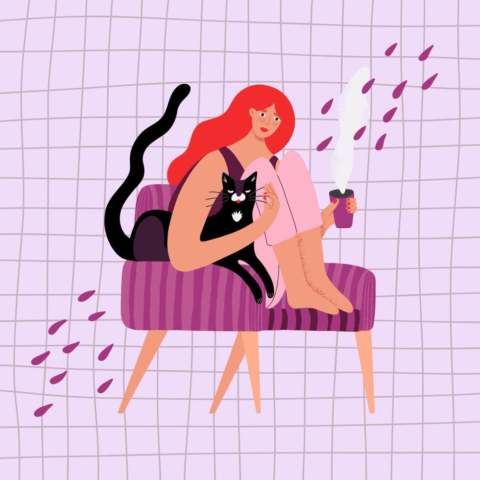 Female character relaxing in comfortable soft chair with coffee or tea cup with cat in arms. Woman enjoying weekend relax at home sitting in stylish chair. Hand drawing illustration vector