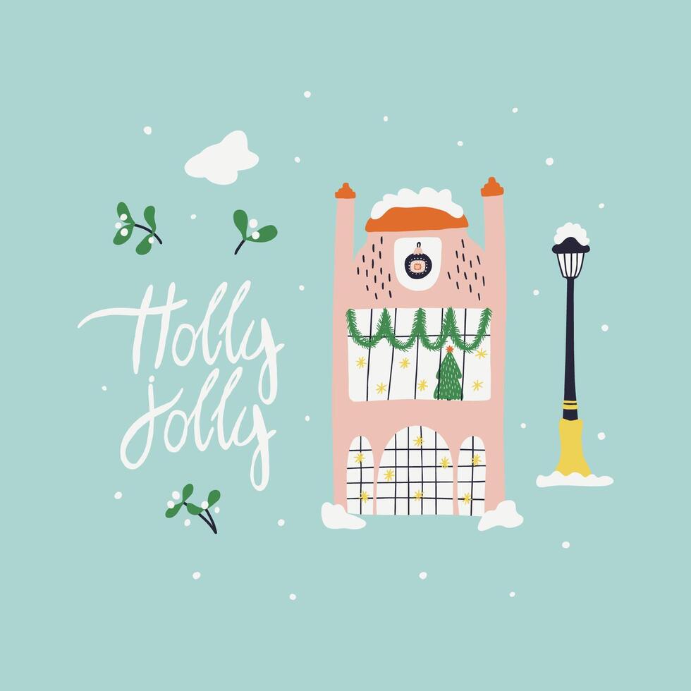 Christmas house covered snow for greeting card. Holly jolly lettering. Hand drawn illustration. Print for banner, New Year web footer, border. vector