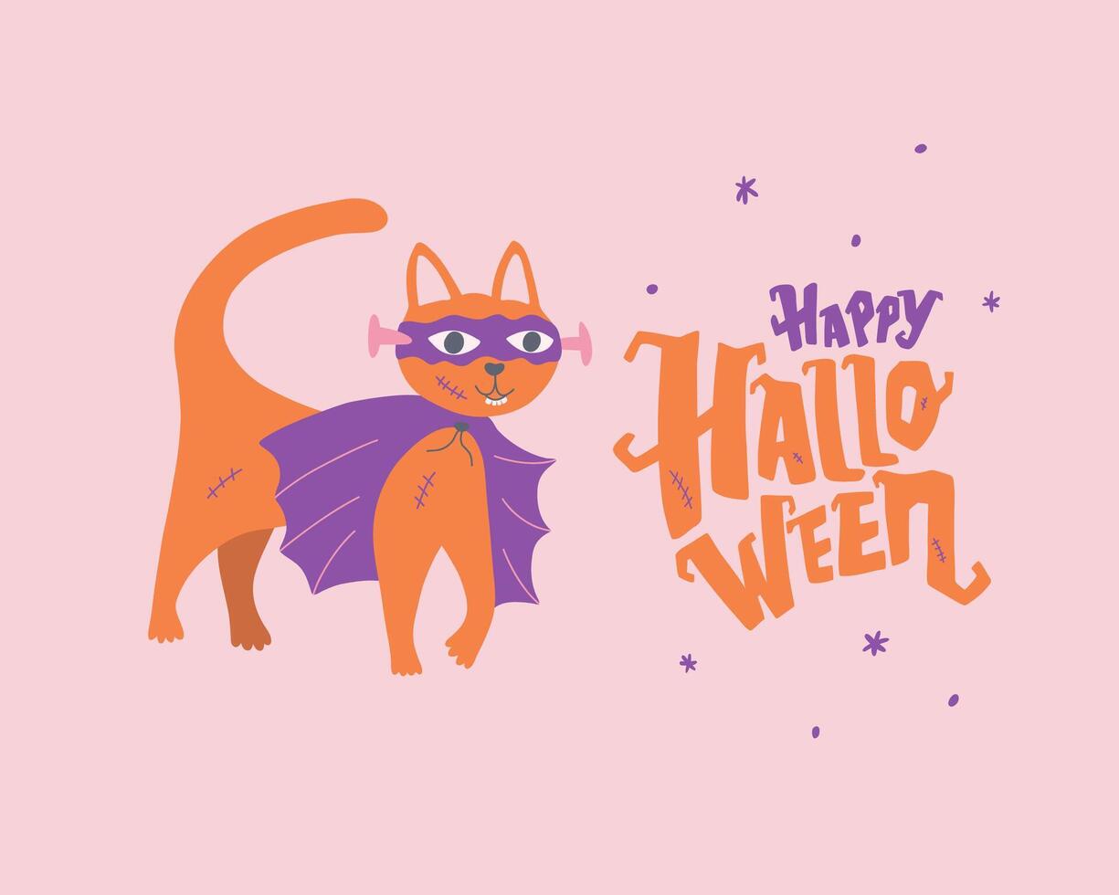 Halloween card with cute orange monster cat. Cute character. Design for greeting card, invitation, background. Happy halloween lettering. vector