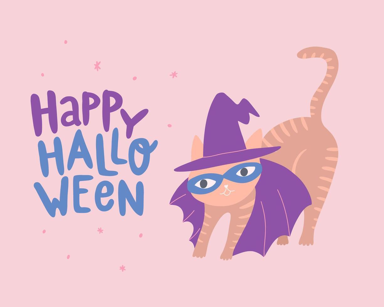 Halloween card with a cute cat dressed as a witch. Cute character. Design for greeting card, invitation, background. Halloween lettering. vector