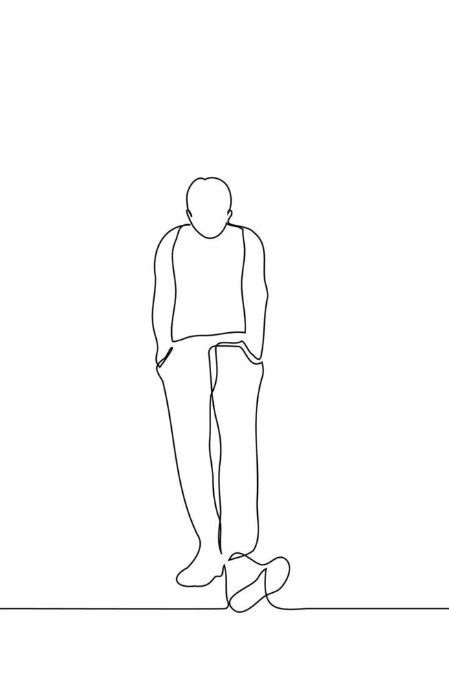 sad man goes down the stairs, his shoulders are pressed and hands are in his pockets - one line drawing . the concept upset, failure vector