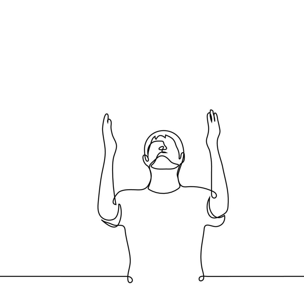 man raised his hands to the sky raising his face - one line drawing . concept pray in despair, complain vector