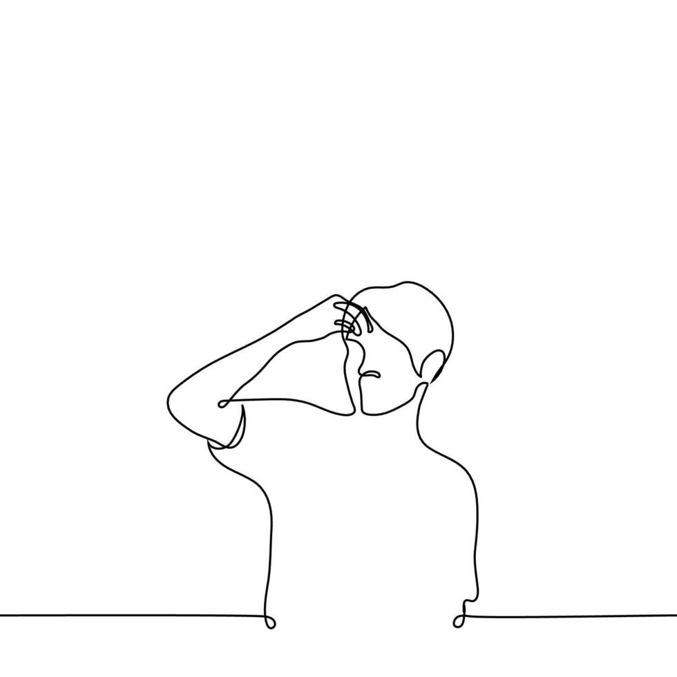man scratching forehead - one line drawing . concept to ponder, suspect, reflect, reflect, brainstorm vector