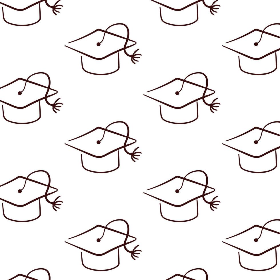 Graduation hat seamless pattern in line art style. Doodle college, study, university sign. illustration on a white background. vector