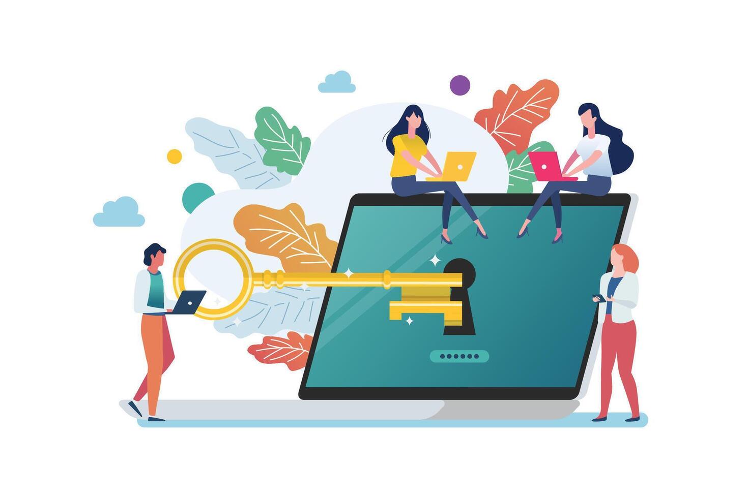 People with Gold key try to unlock laptop. ransomware malware virus computer vector