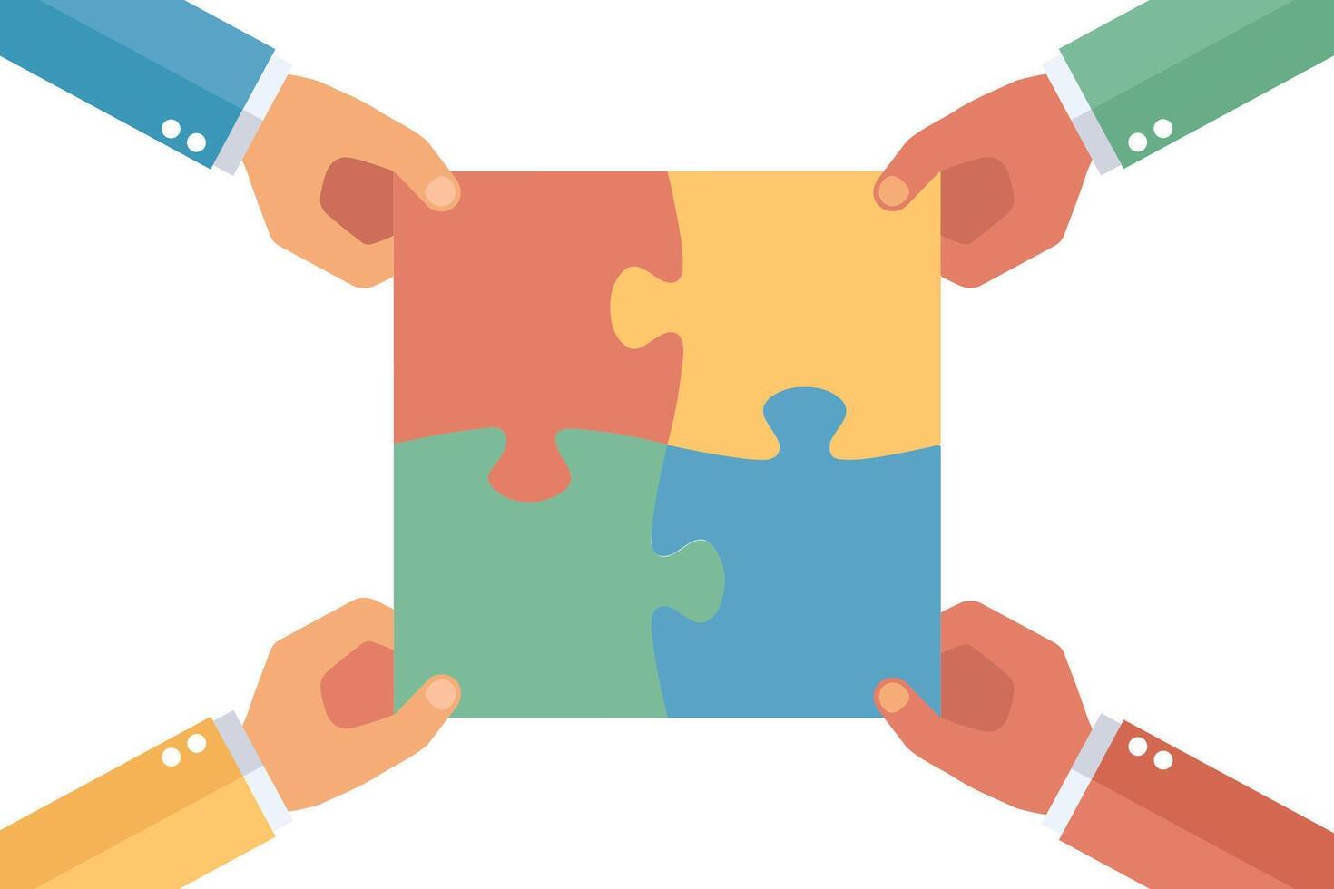 Hands put jigsaw puzzle together. Teamwork idea concept. vector
