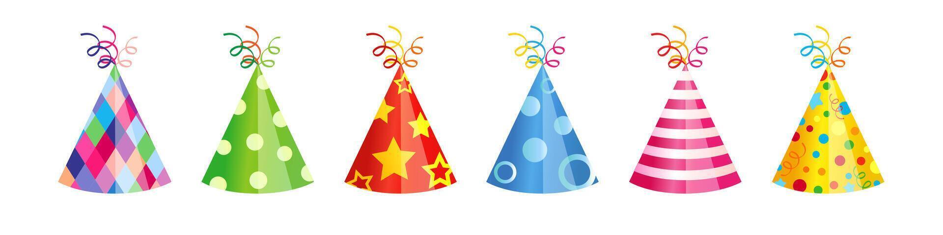 Cone caps cute collection. Set of 3D holiday hats. Icon template. Greeting card graphic elements. Sample design. Isolated shapes. Festive icons. Birthday decoration. Colorful concept. vector