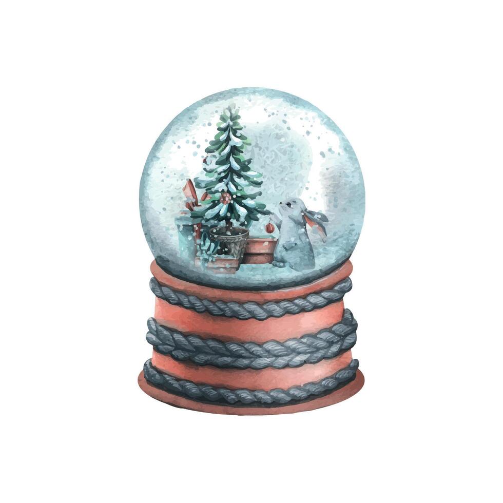 Snow globe with gift boxes, christmas tree and a cute bunny. Watercolor illustration, hand drawn. Isolated object on a white background vector