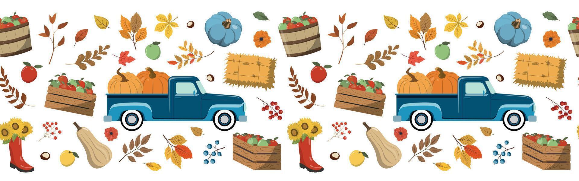 Autumn blue truck with pumpkins, apples and forest leaves. Seamless horizontal border pattern. Thanksgiving day theme design. Isolated on white background. vector