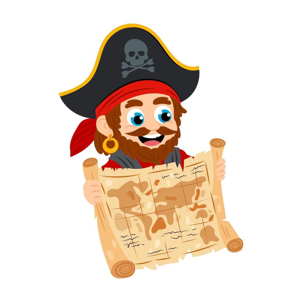 Cartoon character of a pirate with a treasure map on a white background. Cute pirate in flat style. Kids pirate character with old map. vector