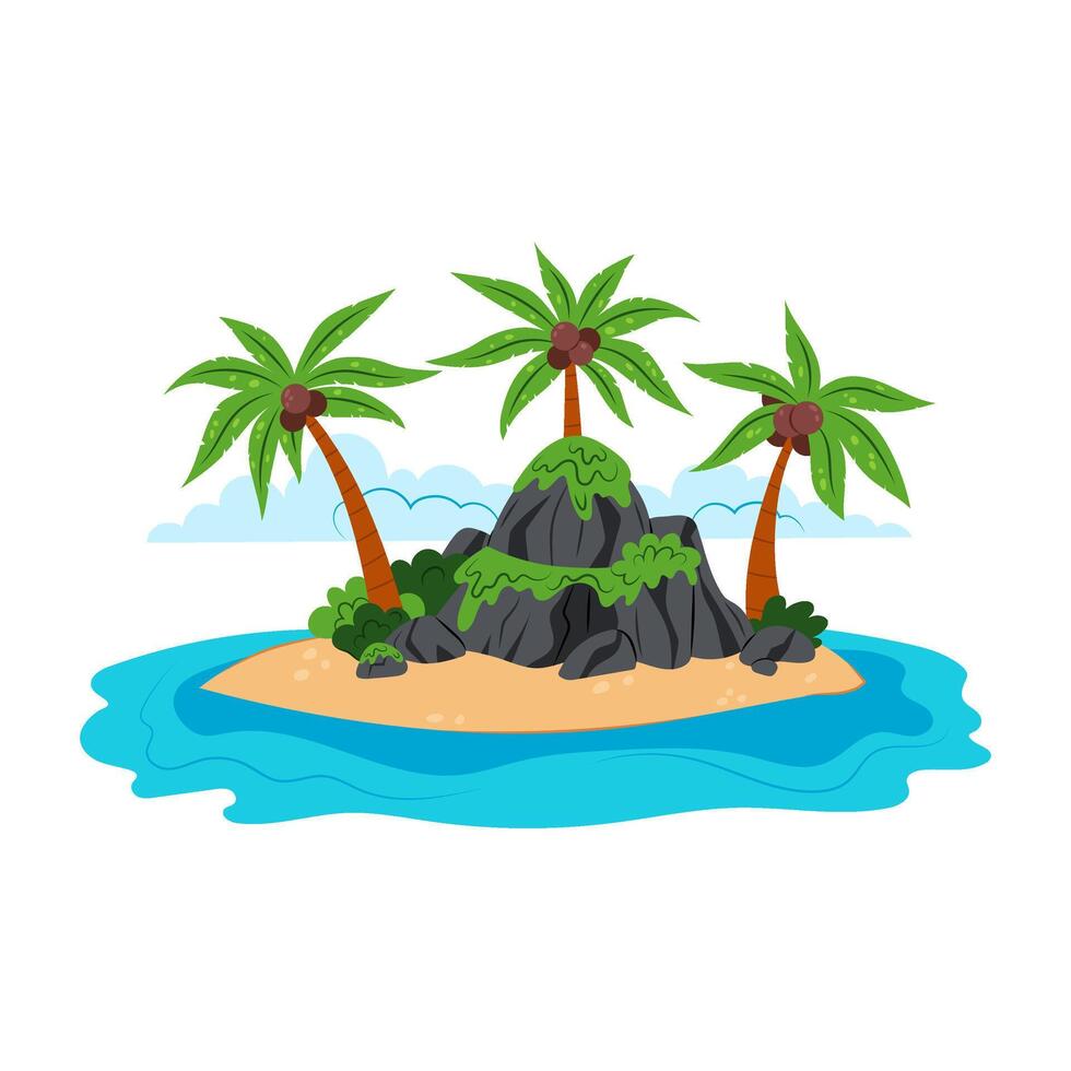 Desert island in flat style on a white background. Island with rock and palm trees. Cartoon island in the ocean. vector