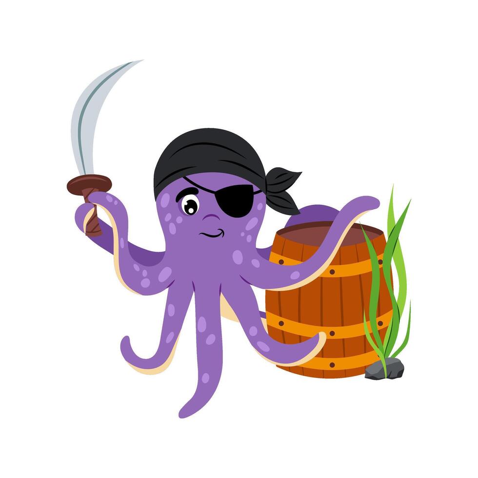 Octopus pirate in flat style on a white background. Sea creatures. Cartoon octopus with a saber in a pirate bandana. vector