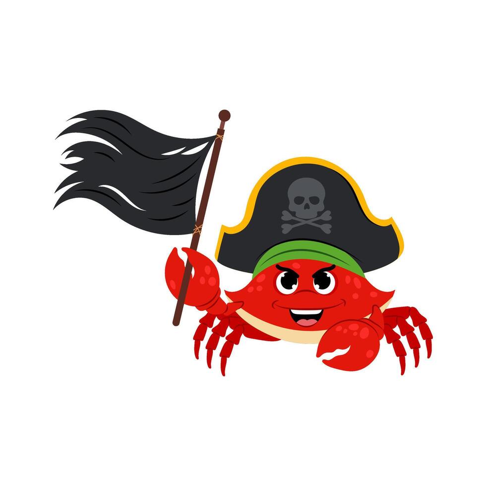 Sea crab pirate in flat style on a white background. Sea creatures. Cartoon crab with a black flag. vector